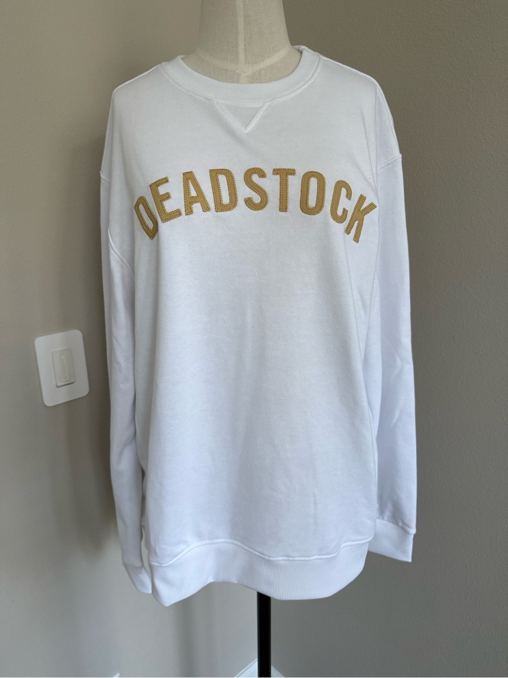 Deadstock Coffee Unisex White Crewneck Sweatshirt with Gold Logo